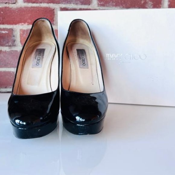Jimmy Choo: Black Cosmic Patent Leather Pump Platforms - Picture 4 of 7
